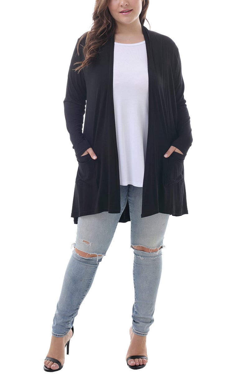 ZERDOCEAN Women's Plus Size Long Sleeve Lightweight Soft Printed Drape Cardigan with Pockets Black 3X - Image 4